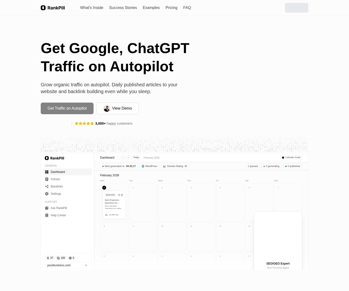 Screenshot of the RankPill homepage, promising Google and ChatGPT traffic on autopilot